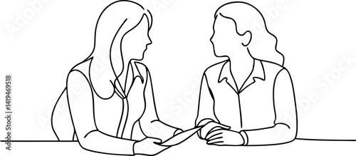 Minimalist Line Art of Two Women in Conversation at Table Sharing or Contract