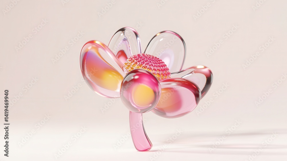 Fototapeta premium Jelly 3D render depicting an abstract flower form made of translucent blobject petals and stem. Smooth, liquid-like texture with soft color blending within the petals