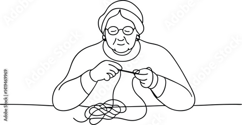 Outline Elderly Woman Knitting, Monochrome HandDrawn Illustration, Line Art