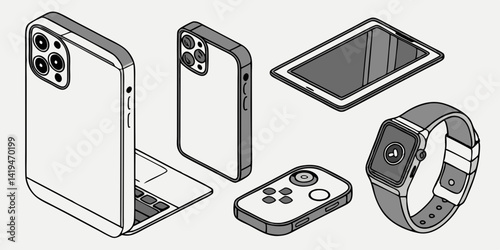 Black and White Isometric Line Art of Electronic Gadgets Phones Tablet Smartwatch Gamepad