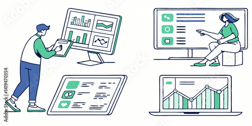 Business Data Visualization Dashboards Vector Illustration People Analyzing Charts Graphs Desktop Tablet Laptop Analytics