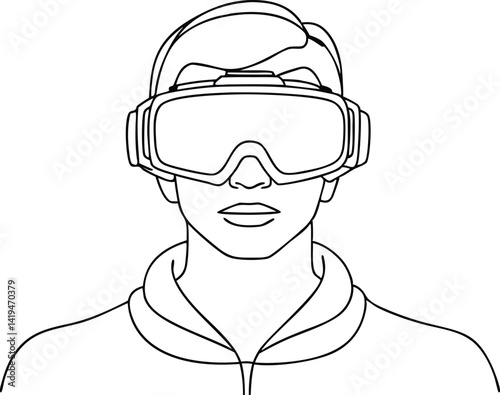 Person Wearing VR Headset Outline, Minimalist Black and White Line Art Portrait