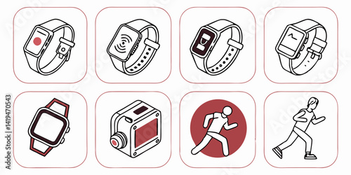 Isometric Fitness Smartwatch & Wearable Tech Icons: Activity Trackers, Running People - Black Line Art, Red Accents