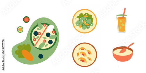Colorful Flat Vector Food Set Healthy Meal Illustration with Salad Soup Drink Pasta Oatmeal