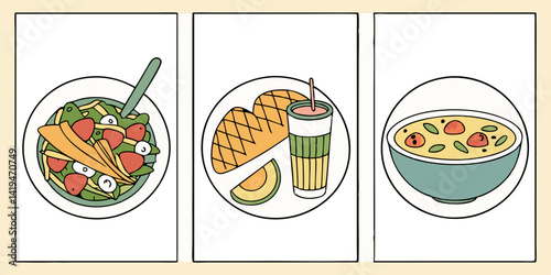 Cartoon Illustration of Healthy Meals: Salad, Sandwich, Soup, and Smoothie