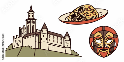 Medieval Castle Traditional Food Tribal Mask Vector Icons