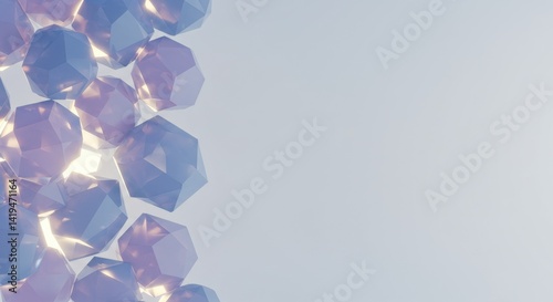 Abstract 3D Render of Glowing Polygonal Shapes Cascading Against a Light Blue Background