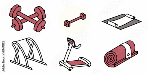Isometric Cartoon Gym Equipment: Fitness, Exercise, Dumbbells, Barbell, Yoga Mat, Treadmill