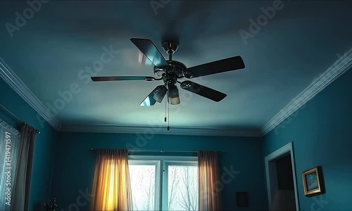 Ceiling fan spinning in a quiet, blue-painted bedroom with window light streaming in
