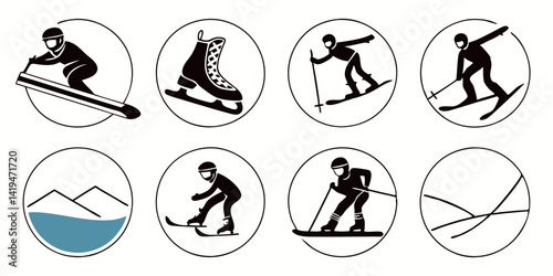 Winter Sports Icons: Skiing, Ice Skating, Snowboarding, Snowy Mountain Landscape Vector