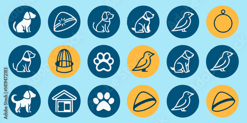 Pet Shop Icons: Dog, Bird, Paw Print, Dog House, Cage, Carrier, Ring - Vector Design