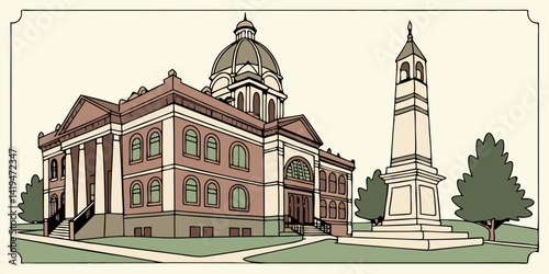 Vintage Style Cartoon Landmark Building with Dome and Monument Architecture Illustration