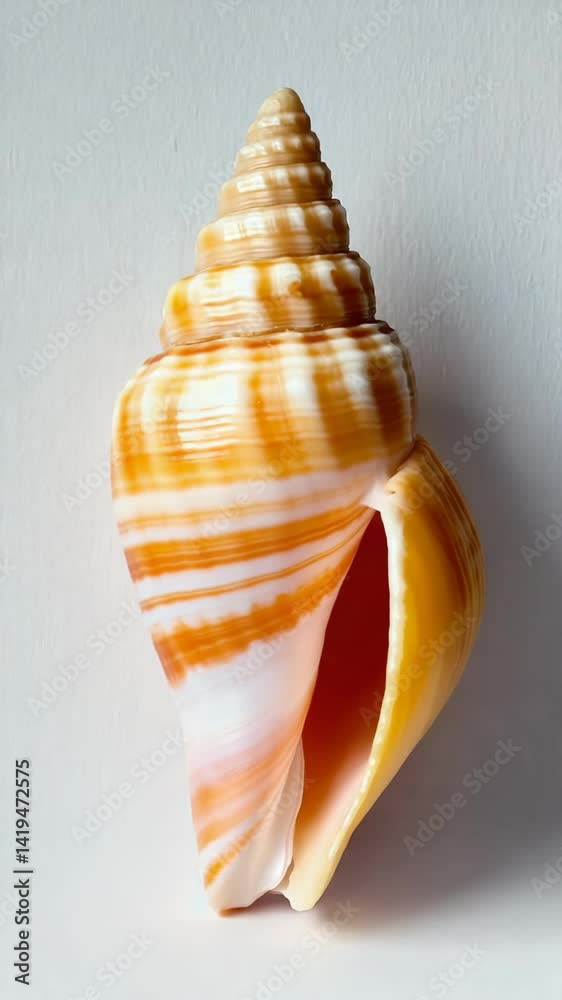 Close-up of a spiral striped seashell with orange and white coloring, isolated on a plain white surface, capturing intricate details.