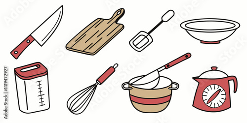 Cartoon Kitchen Utensils and Cooking Tools: Hand-Drawn Style Illustration