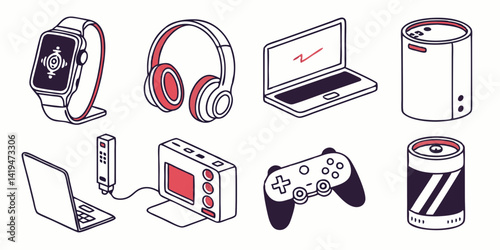 Digital Tech Gadgets Isometric Line Art Vector Illustration Set: Smartwatch, Headphones, Laptop, Speaker, Game Controller, Battery