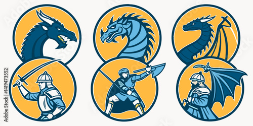 Medieval Cartoon Dragon Knight Vector Roundel Logo Set