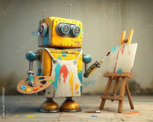 A whimsical robot artist holding a palette and brush, ready to paint on a canvas, surrounded by colorful splatters in a creative space.