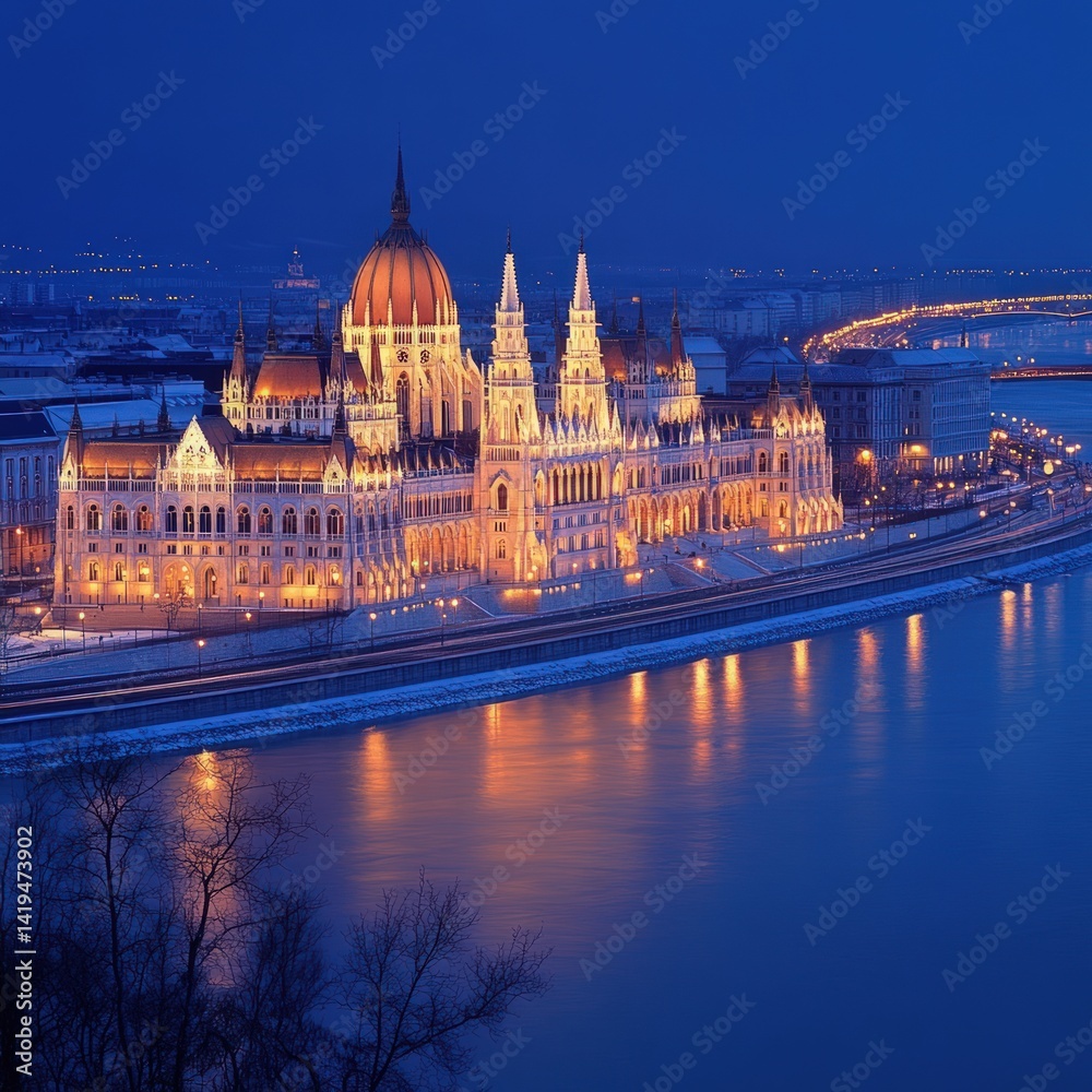 Obraz premium Illuminated Parliament Building in Budapest