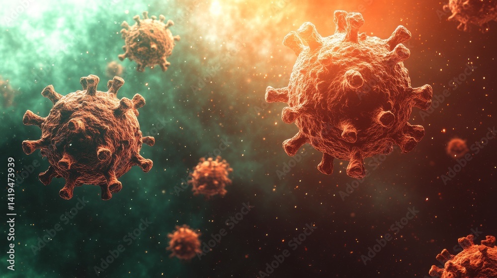 Fototapeta premium 3d illustration of cancer cells growing on human tissue surface, microscopic medical visualization of tumor cell formation, metastasis, and oncology concept, the aggressive nature of cancerous growth 