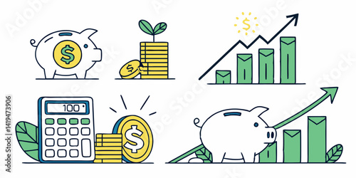 Finance Investment Growth Piggy Bank Money Savings Chart Line Art Illustration
