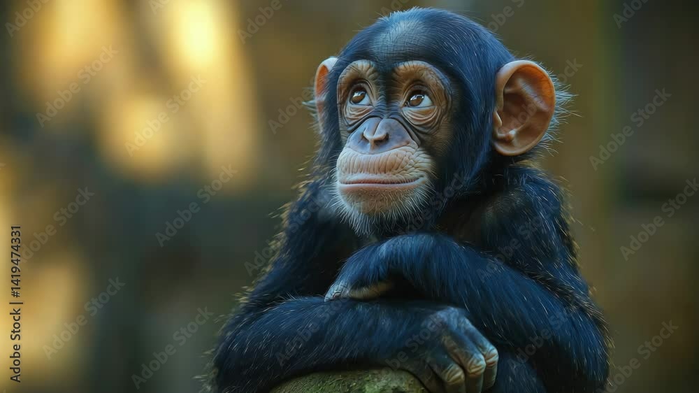 Baby chimpanzee resting in jungle with thoughtful expression. 