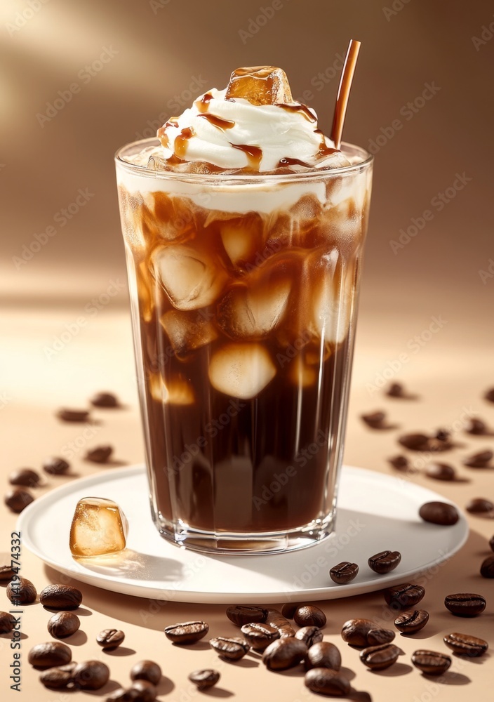 Iced coffee with cream and ice cubes on plate with coffee beans Iced coffee with cream and ice cubes on plate with coffee beans