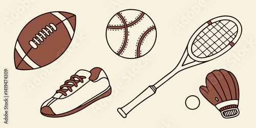 Sports Equipment Cartoon Clipart: Football, Baseball, Tennis, Boxing Glove, Shoe