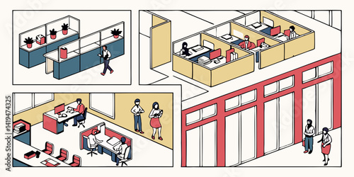 Isometric Office Illustration Cubicles Desks and People Working