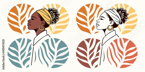 Minimalist Ethnic Women Portraits Leaf Art