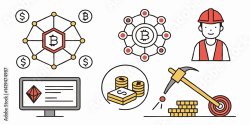 Bitcoin Mining Cryptocurrency Blockchain Network Flat Vector Icons Finance Technology Illustration