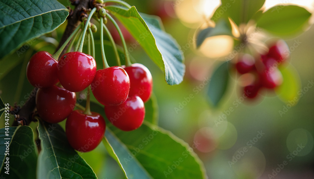 Obraz premium Red cherries hanging on green leaves 
