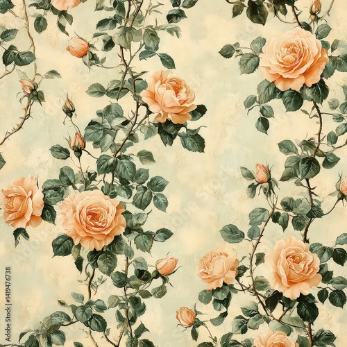 Wallpaper Mural Elegant Floral Pattern with Vintage Roses and Green Leaves Design Torontodigital.ca