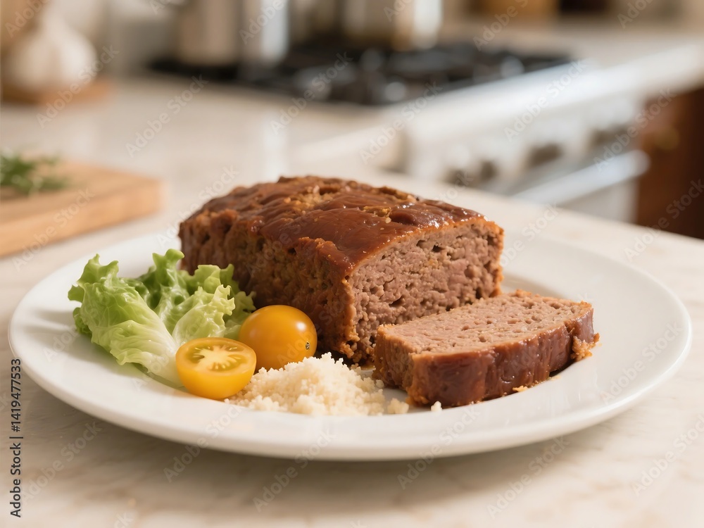 Sliced meatloaf with rosemary on a white plate, placed on a wooden surface. Perfect for food blogs, recipe websites, and menus.