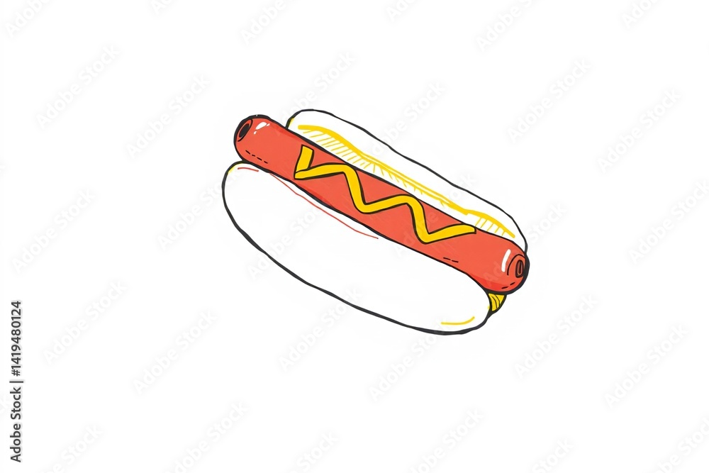 Appetizing hotdog artwork in minimalist style: red/yellow color pop, crisp vector shapes, optimized for digital/print advertising Appetizing hotdog artwork in minimalist style: red/yellow color pop, crisp vector shapes, optimized for digital/print advertising
