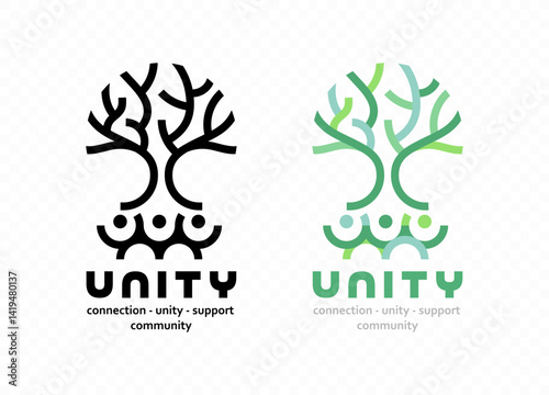 Abstract tree with roots formed by linked human figures, symbolizing unity, community, and nature vector logo design