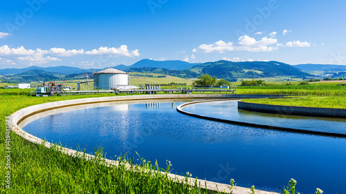 serene landscape featuring water treatment facility with clear blue water, surrounded by lush green fields and distant