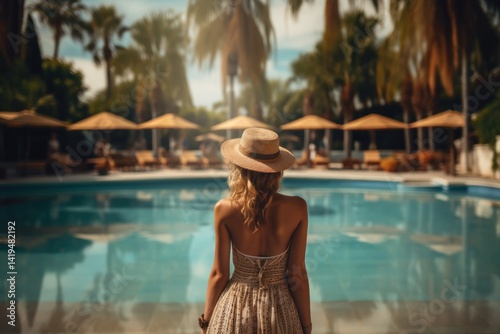 Beautiful young woman with long wavy hair in a straw hat is standing near the swimming pool. Vacation concept. Travel concept, Summertime concept with copy space.