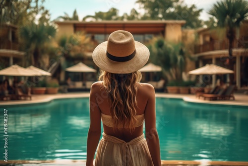 Beautiful young woman with long wavy hair in a straw hat is standing near the swimming pool. Vacation concept. Travel concept, Summertime concept with copy space.