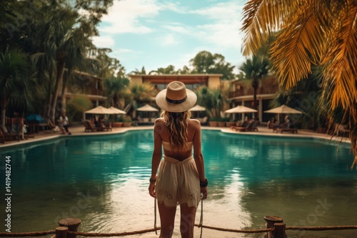 Young beautiful woman in a long dress and hat standing near the swimming pool. Vacation concept. Travel concept, Summertime concept with copy space.