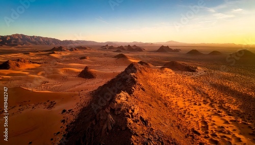 Wallpaper Mural The vast desert landscape is bathed in golden sunlight at sunset or sunrise. Sand dunes with a wavy texture and scattered dark rock formations create a dramatic contrast. Torontodigital.ca