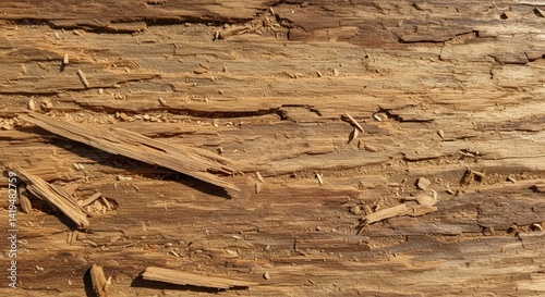 Detailed closeup of splintered wood displaying rough texture and grain