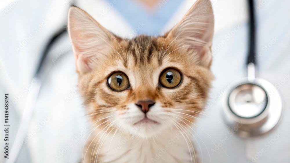Obraz premium Cute cat in a veterinary setting with a stethoscope in the background.