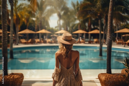 Back view of beautiful young woman in straw hat standing near swimming pool. Vacation concept. Travel concept, Summertime concept with copy space.