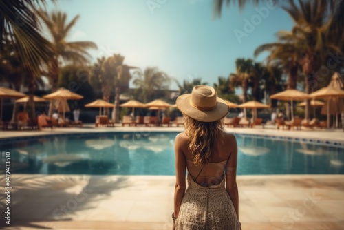 Back view of beautiful young woman in straw hat standing near swimming pool. Vacation concept. Travel concept, Summertime concept with copy space.
