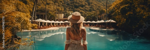 Rear view of young woman in straw hat standing near swimming pool. Vacation concept. Travel concept, Summertime concept with copy space.