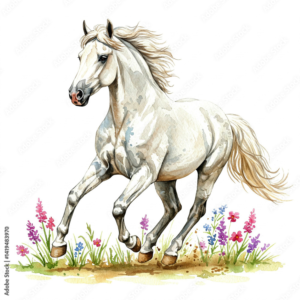 Naklejka premium Watercolor White Horse Galloping in Wildflower Meadow for Equestrian Art