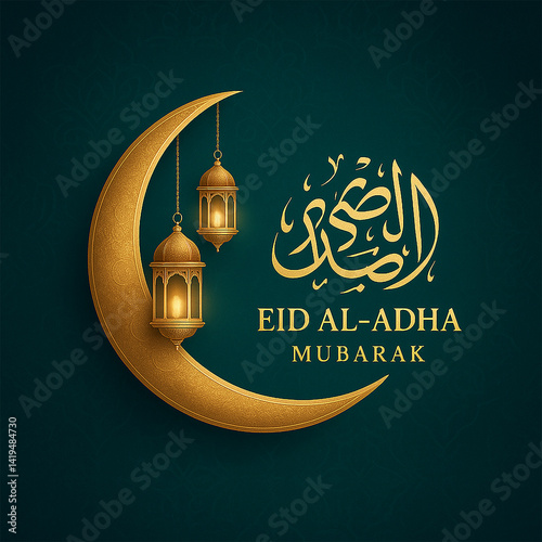 Elegant Eid al-Adha Greeting Card with Golden Crescent and Lanterns