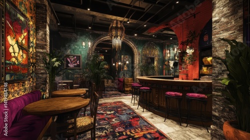 Ornate bar and lounge interior featuring rich textures and decor