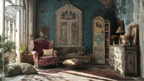 Ornate vintage room featuring antique furniture and decaying walls