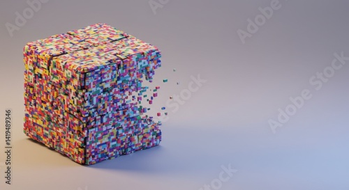 Colorful Cube Disintegrating Pixel Art Abstract 3D Render